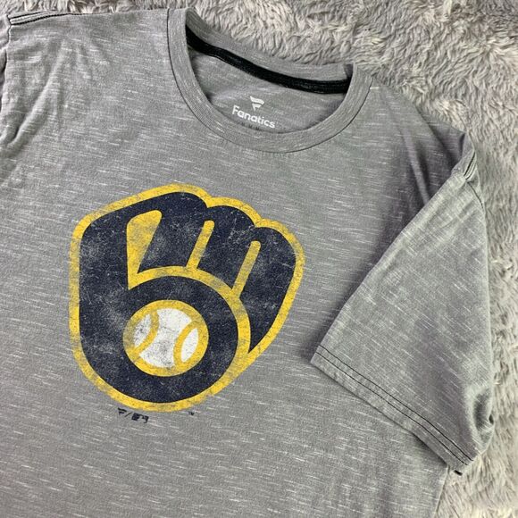 Milwaukee Brewers Shirt Mens Medium Gray Distressed Logo Short Sleeve Fanatics - Picture 1 of 8